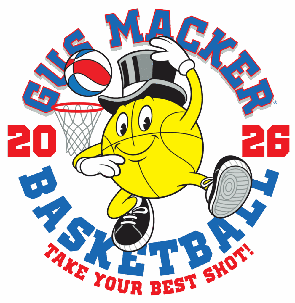 Mascot dunking a basketball for Gus Macker 2026.
