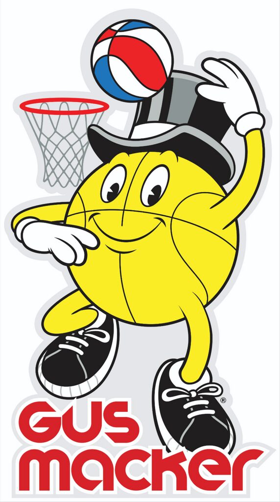 Cartoon basketball with a face, shoes, and a hat, dribbling a ball.