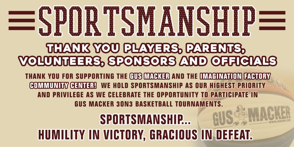 A sportsmanship banner thanking players, parents, coaches, and sponsors at a basketball event.